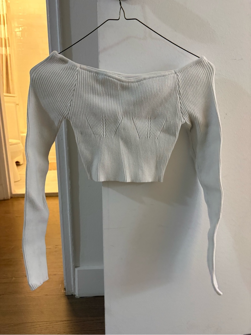 Off-Shoulder Rib-Knit Crop Sweater in White